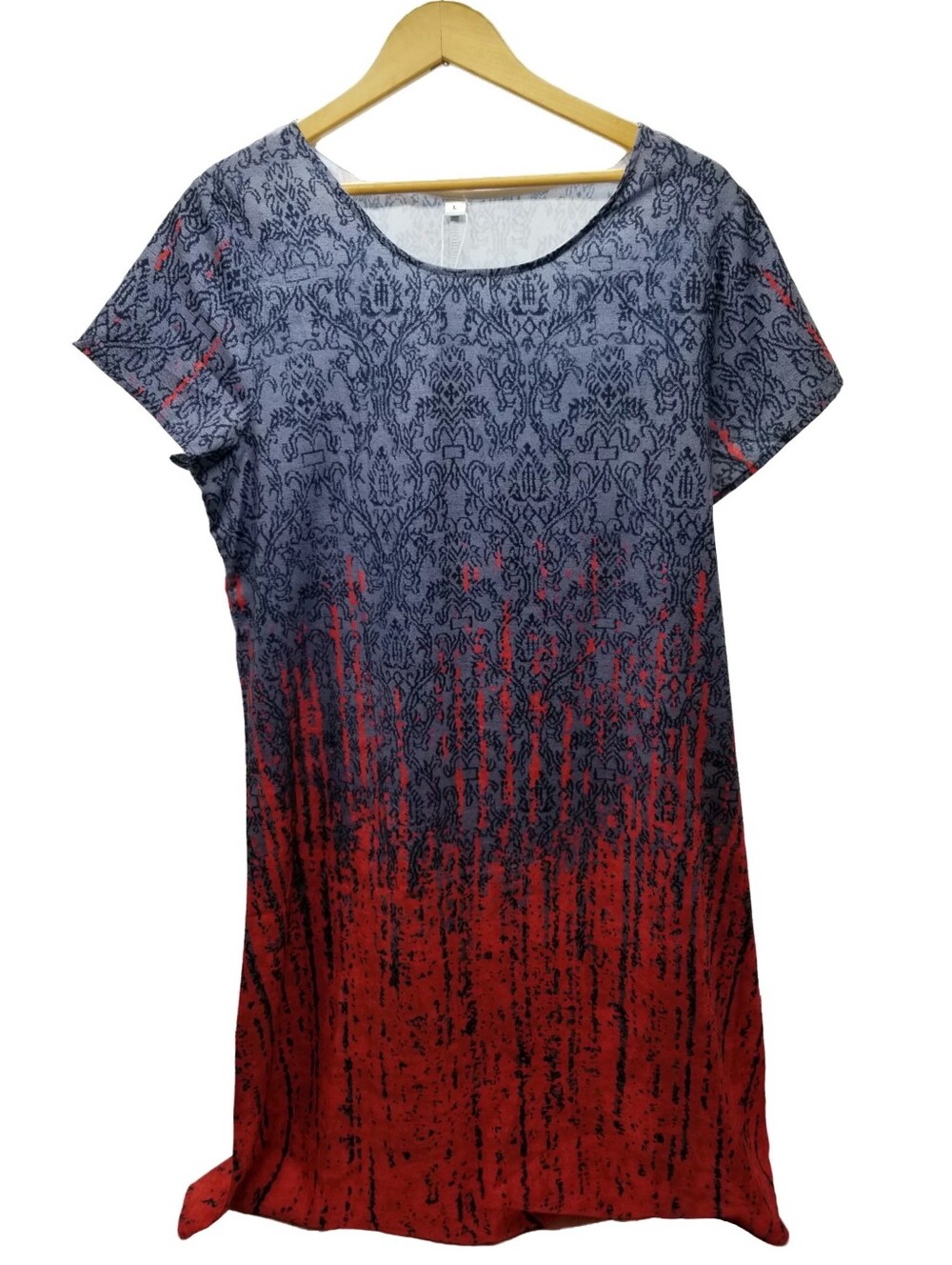 Short Sleeve Patterned Midi Dress in Gray/Blue and Red